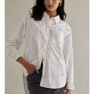 Maeve Anthropologie Shirt Women's Petite Large LP Bennet Pearl Embellished White